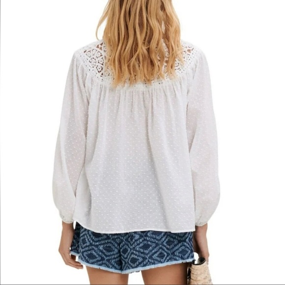 Maje white textured cotton crochet yoke detail high neck blouse - Picture 3 of 6